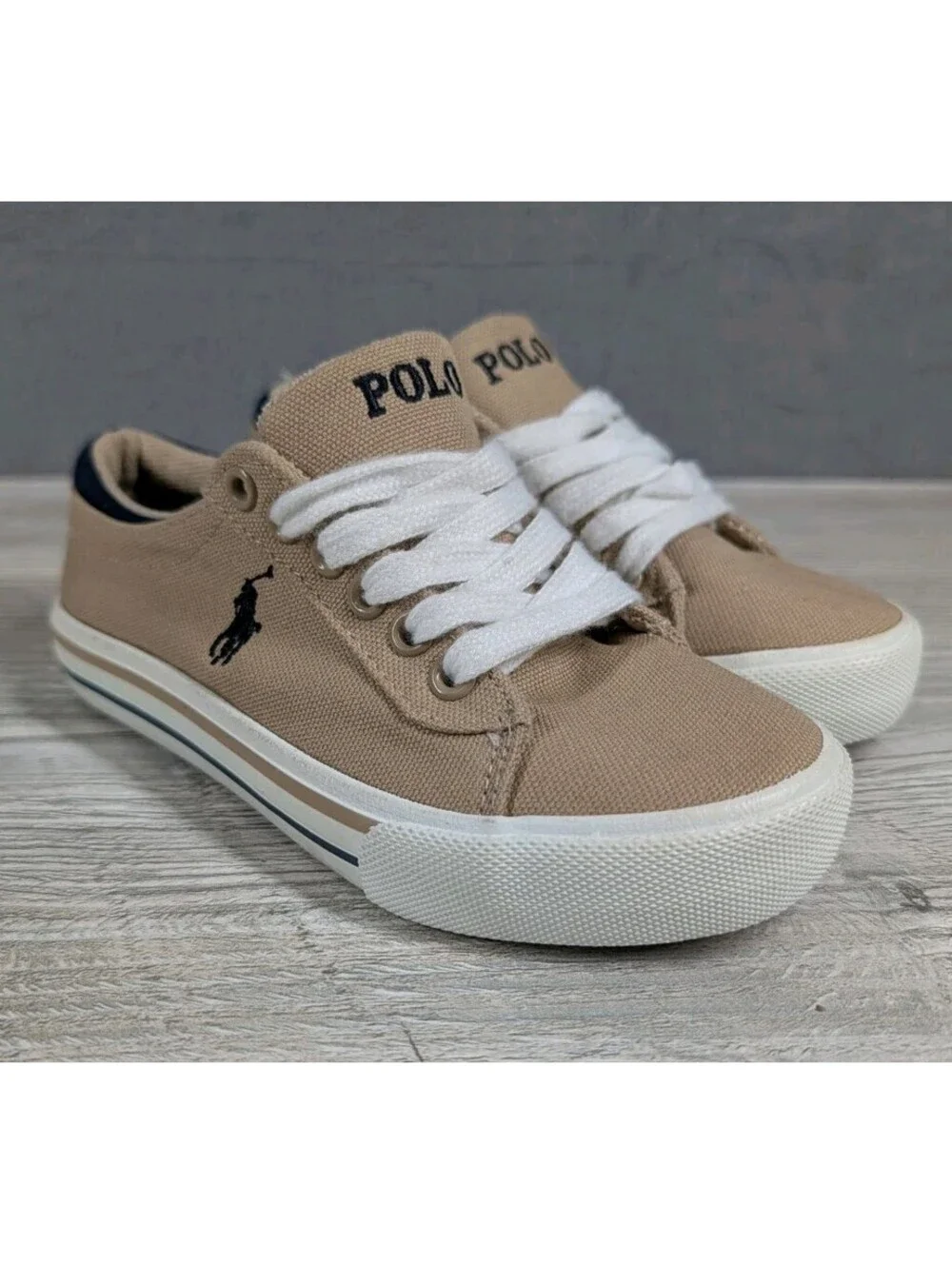 Polo Ralph Lauren Toddler 12 Tan Canvas Lace Up Sneakers Casual Shoes Kids Beige